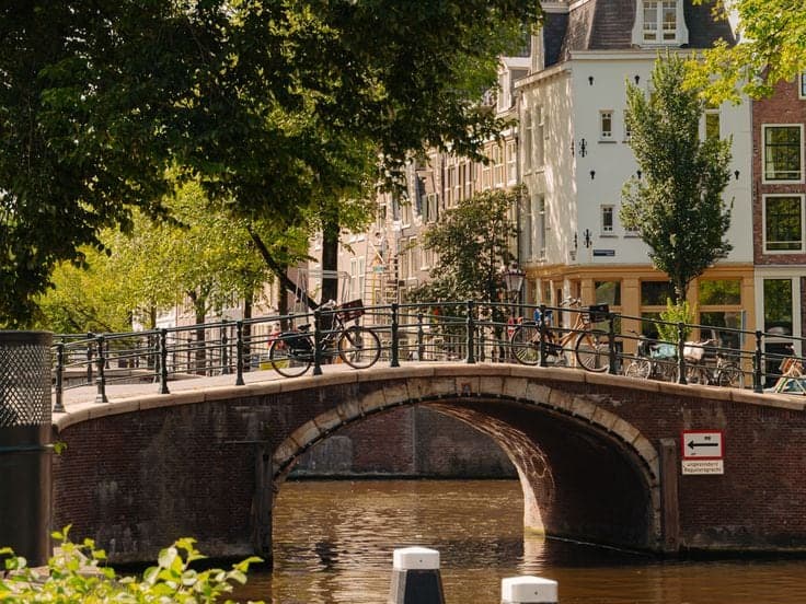 Brug over een Amsterdamse gracht, met grachtenpanden en bomen